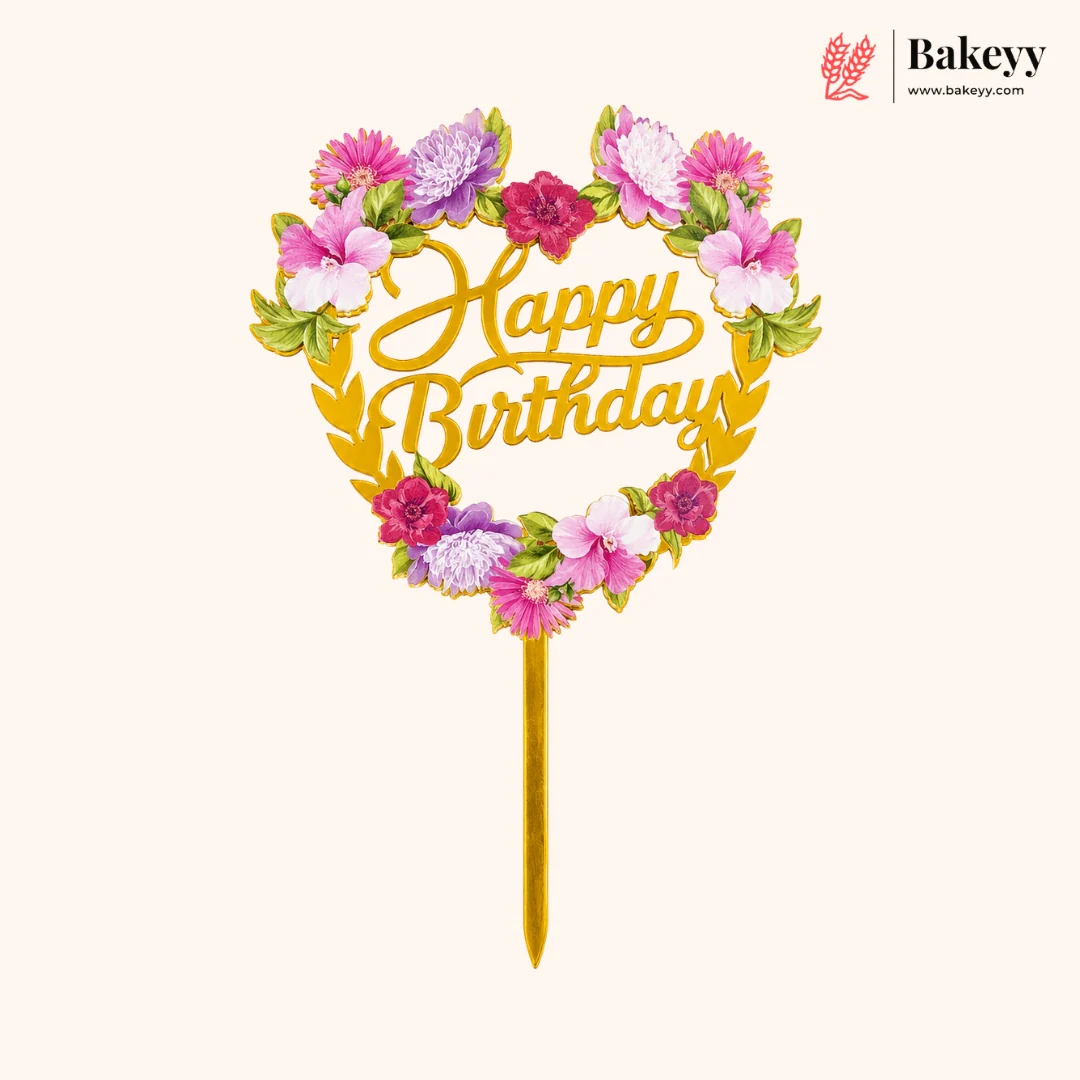 Floral Happy Birthday Cake Topper | Gold Finish Assorted Birthday Cake Decoration | Pack of 5 - Image 9