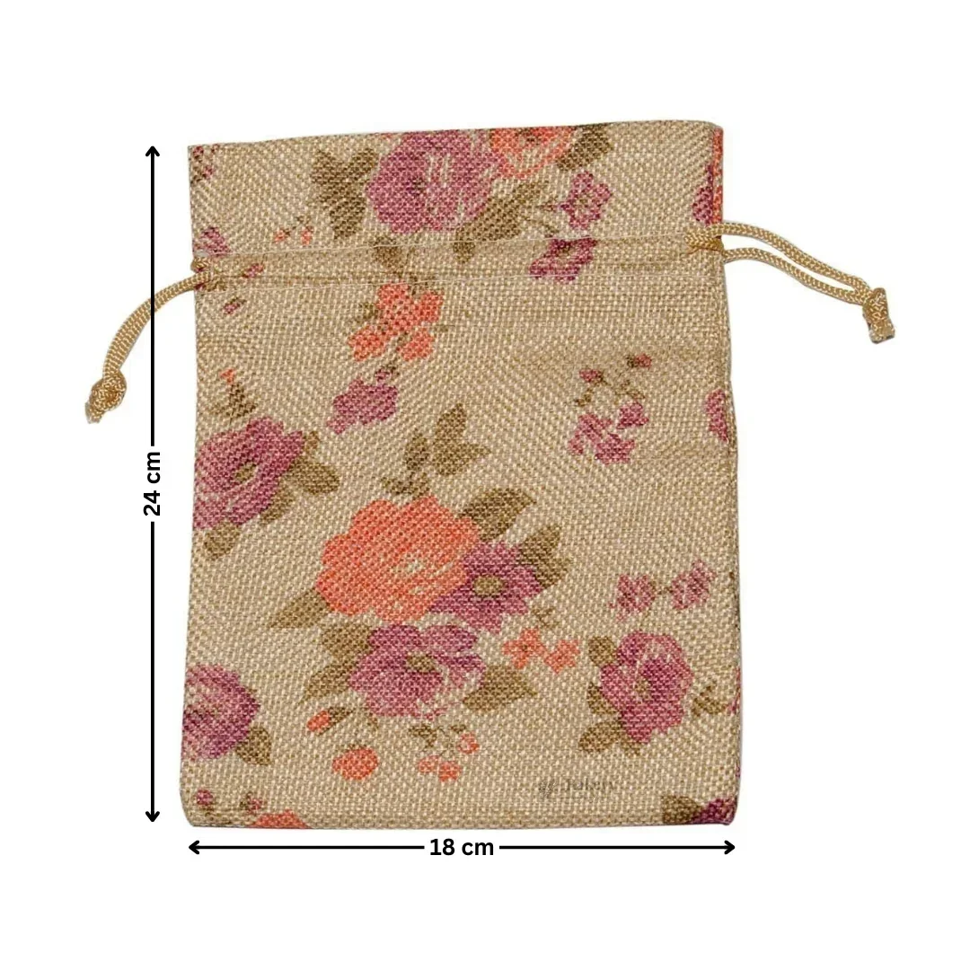 Floral Printed Jute Potli Bag | Floral Print Drawstring Pouch | 4 Sizes Available | Pack of 10 - Image 10