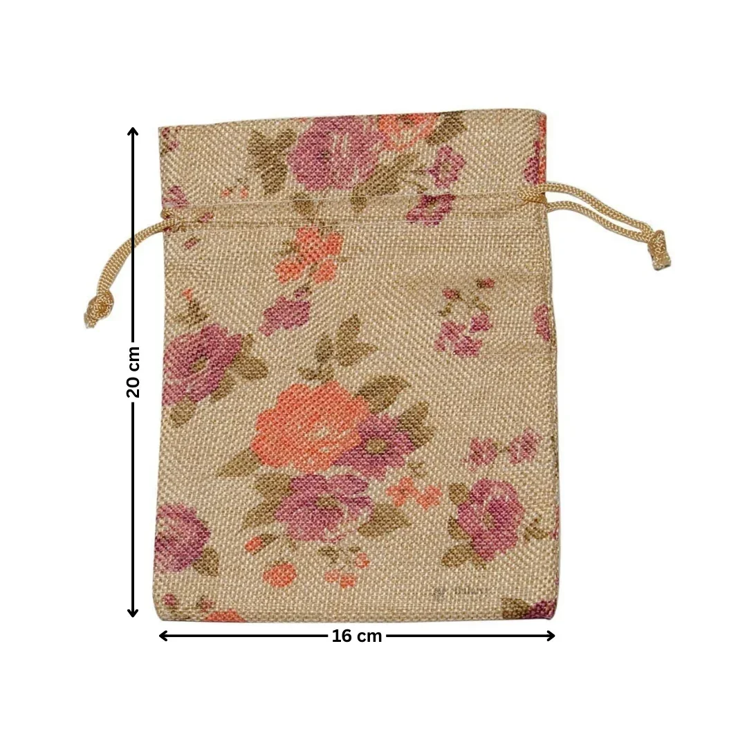 Floral Printed Jute Potli Bag | Floral Print Drawstring Pouch | 4 Sizes Available | Pack of 10 - Image 11