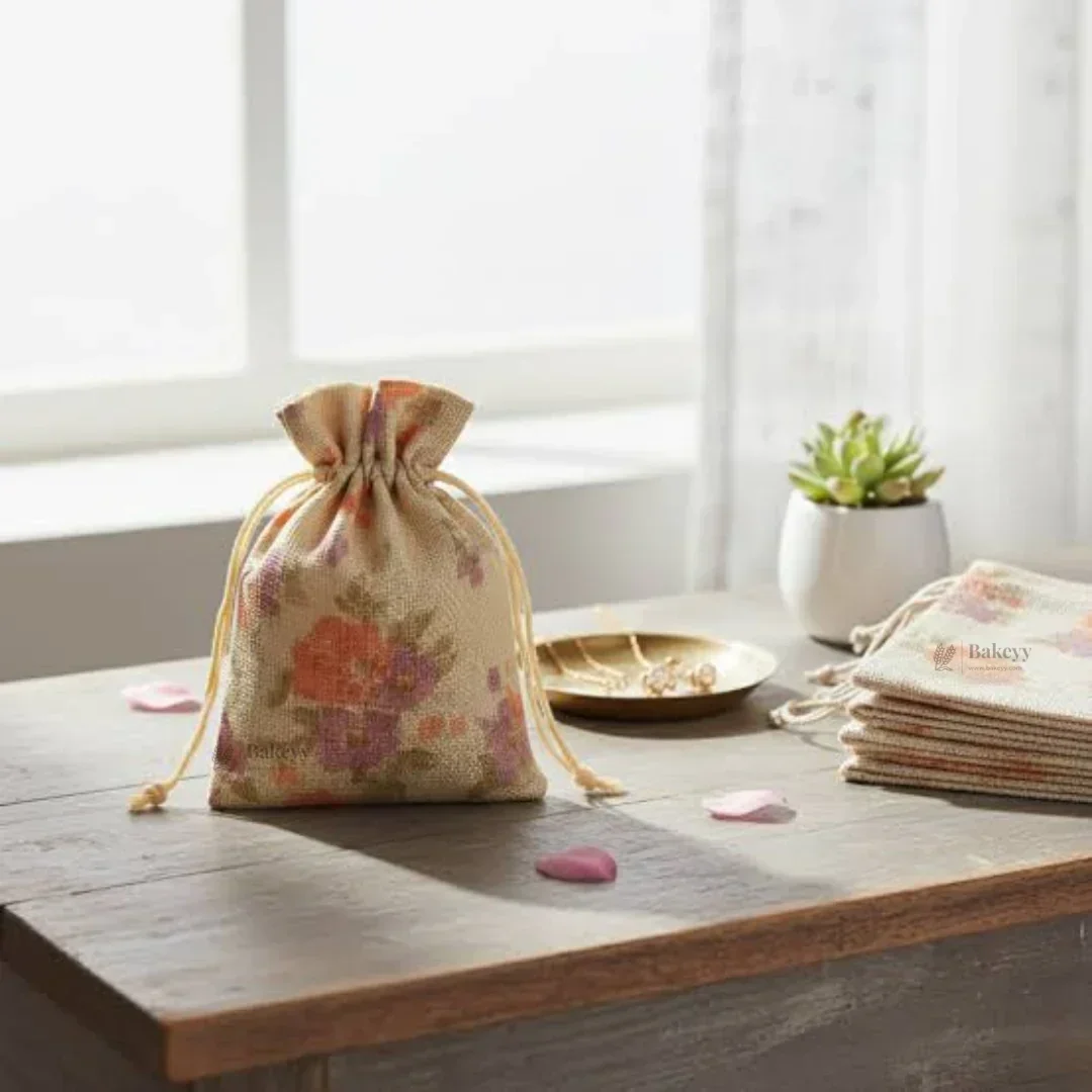 Floral Printed Jute Potli Bag | Floral Print Drawstring Pouch | 4 Sizes Available | Pack of 10 - Image 3