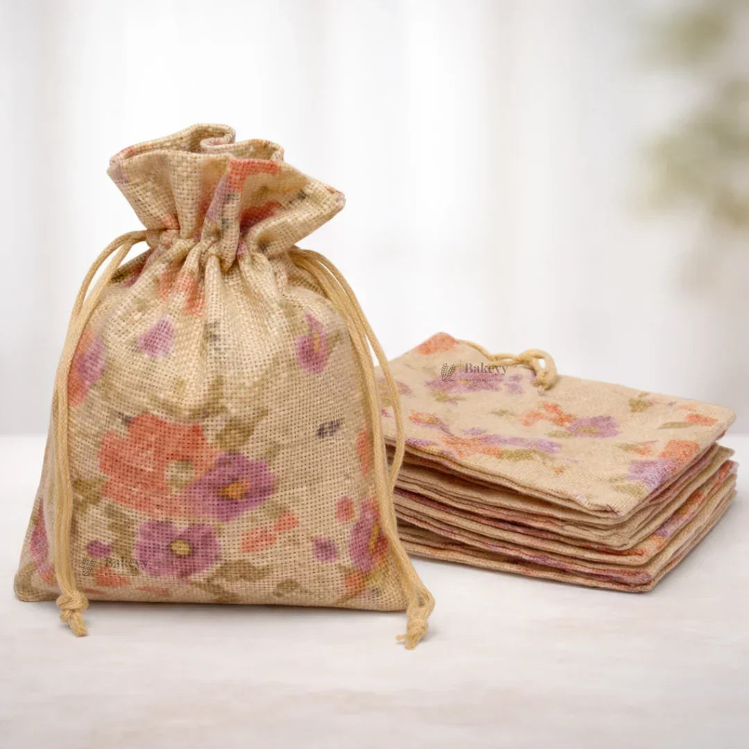 Floral Printed Jute Potli Bag | Floral Print Drawstring Pouch | 4 Sizes Available | Pack of 10 - Image 4
