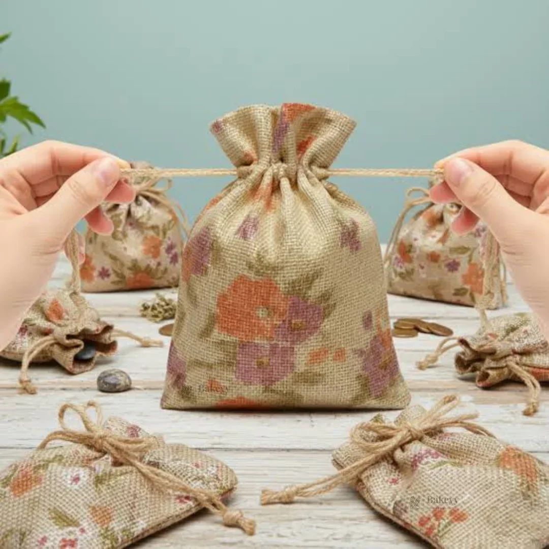 Floral Printed Jute Potli Bag | Floral Print Drawstring Pouch | 4 Sizes Available | Pack of 10 - Image 5