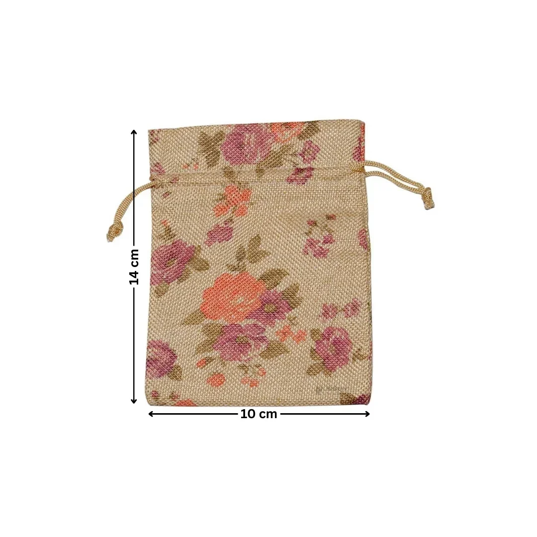 Floral Printed Jute Potli Bag | Floral Print Drawstring Pouch | 4 Sizes Available | Pack of 10 - Image 6