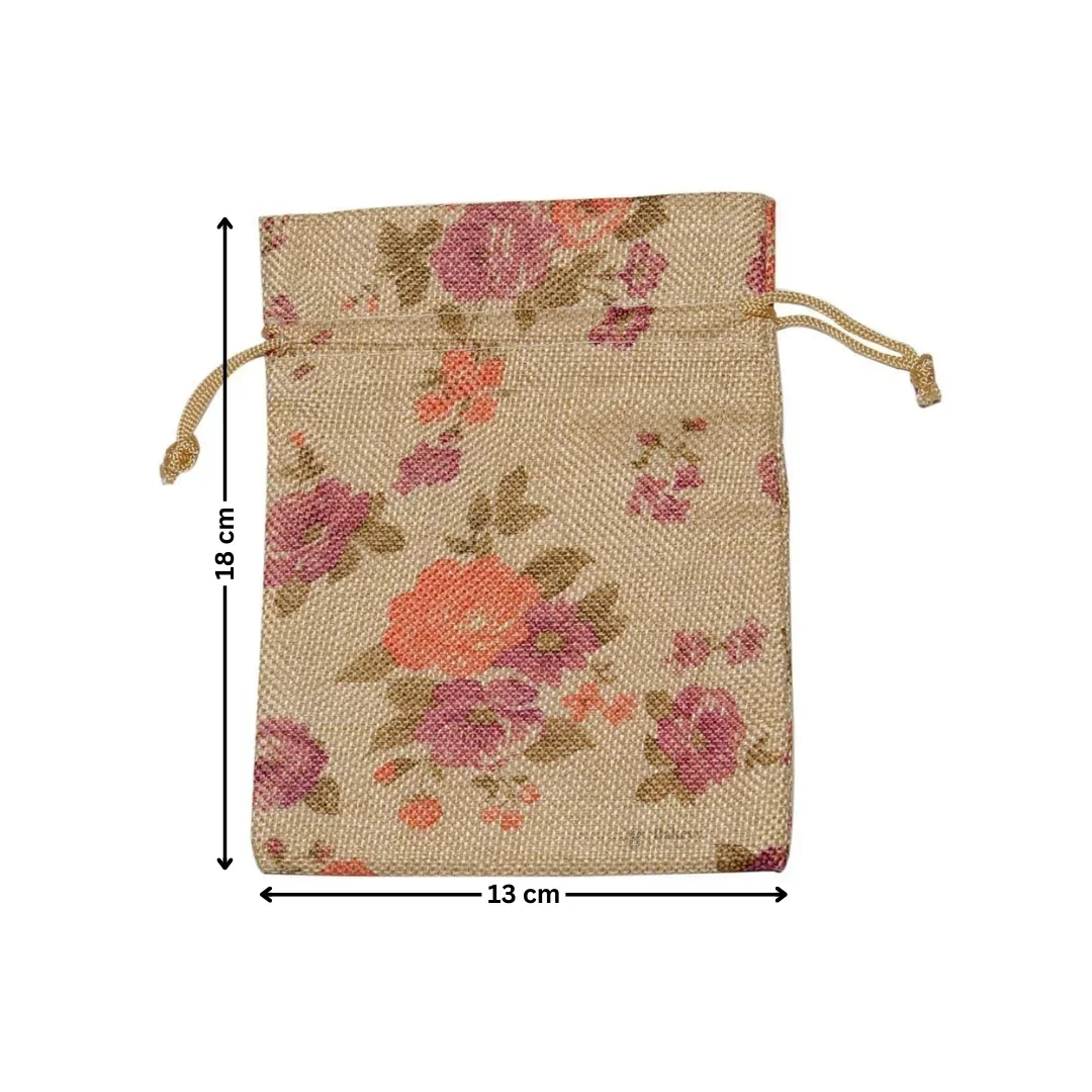 Floral Printed Jute Potli Bag | Floral Print Drawstring Pouch | 4 Sizes Available | Pack of 10 - Image 7