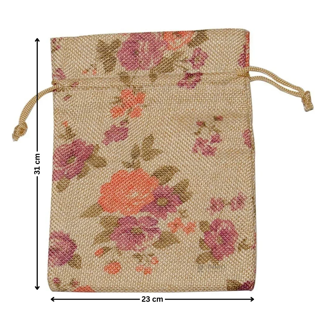 Floral Printed Jute Potli Bag | Floral Print Drawstring Pouch | 4 Sizes Available | Pack of 10 - Image 8