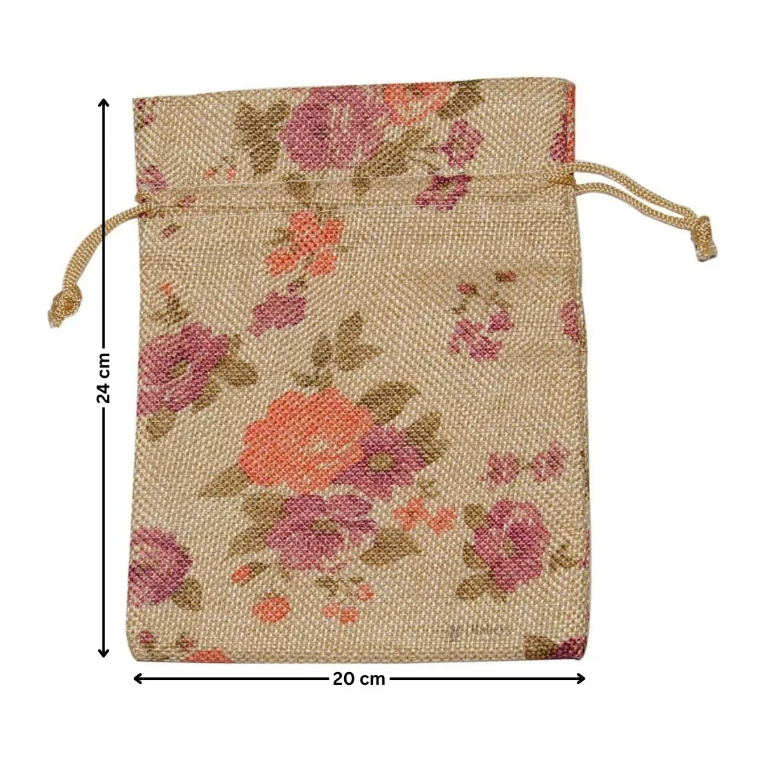 Floral Printed Jute Potli Bag | Floral Print Drawstring Pouch | 4 Sizes Available | Pack of 10 - Image 9