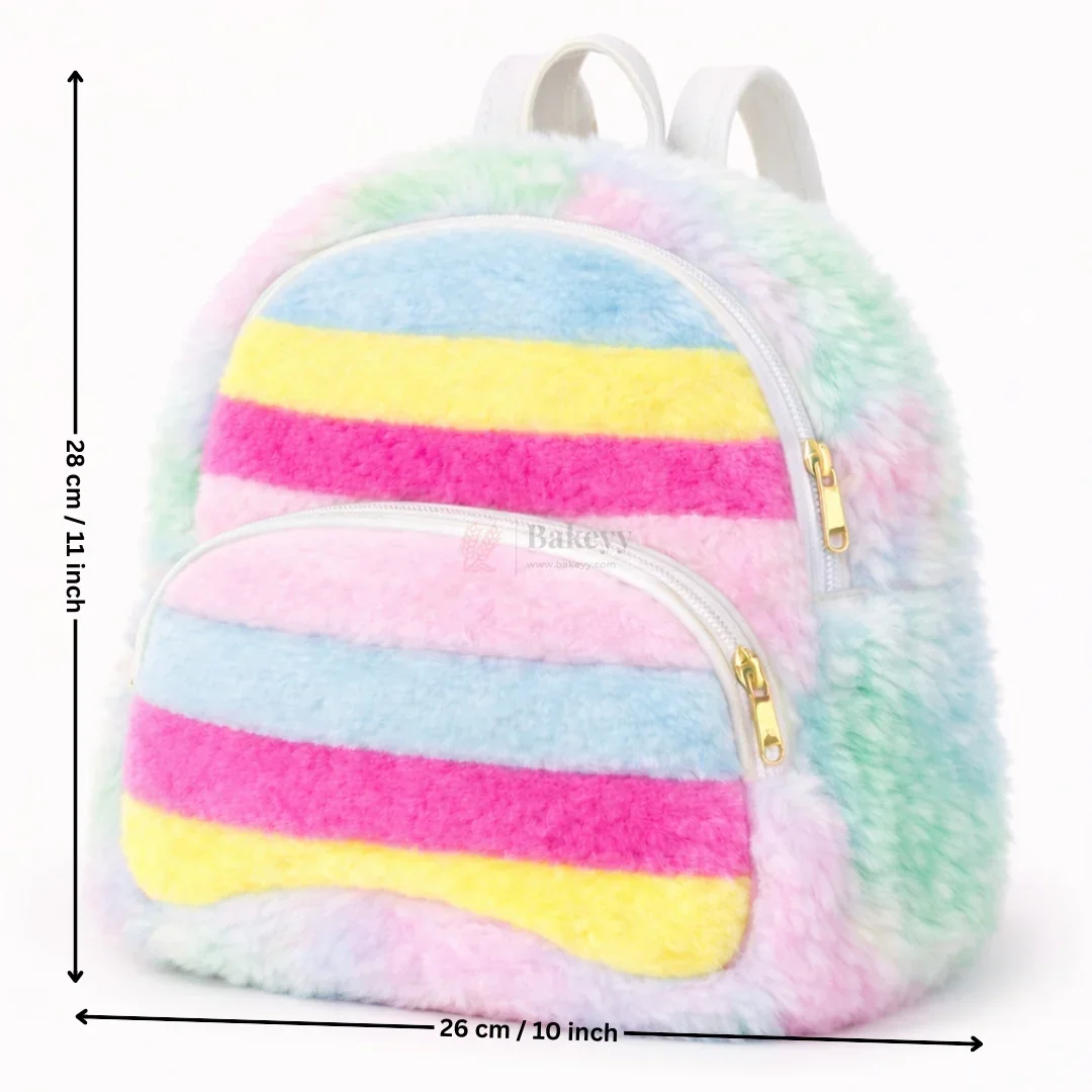 Fluffy Rainbow Kids Backpack Cute Plush Faux Fur Mini School Bag for Kids | pack of 1 - Image 2