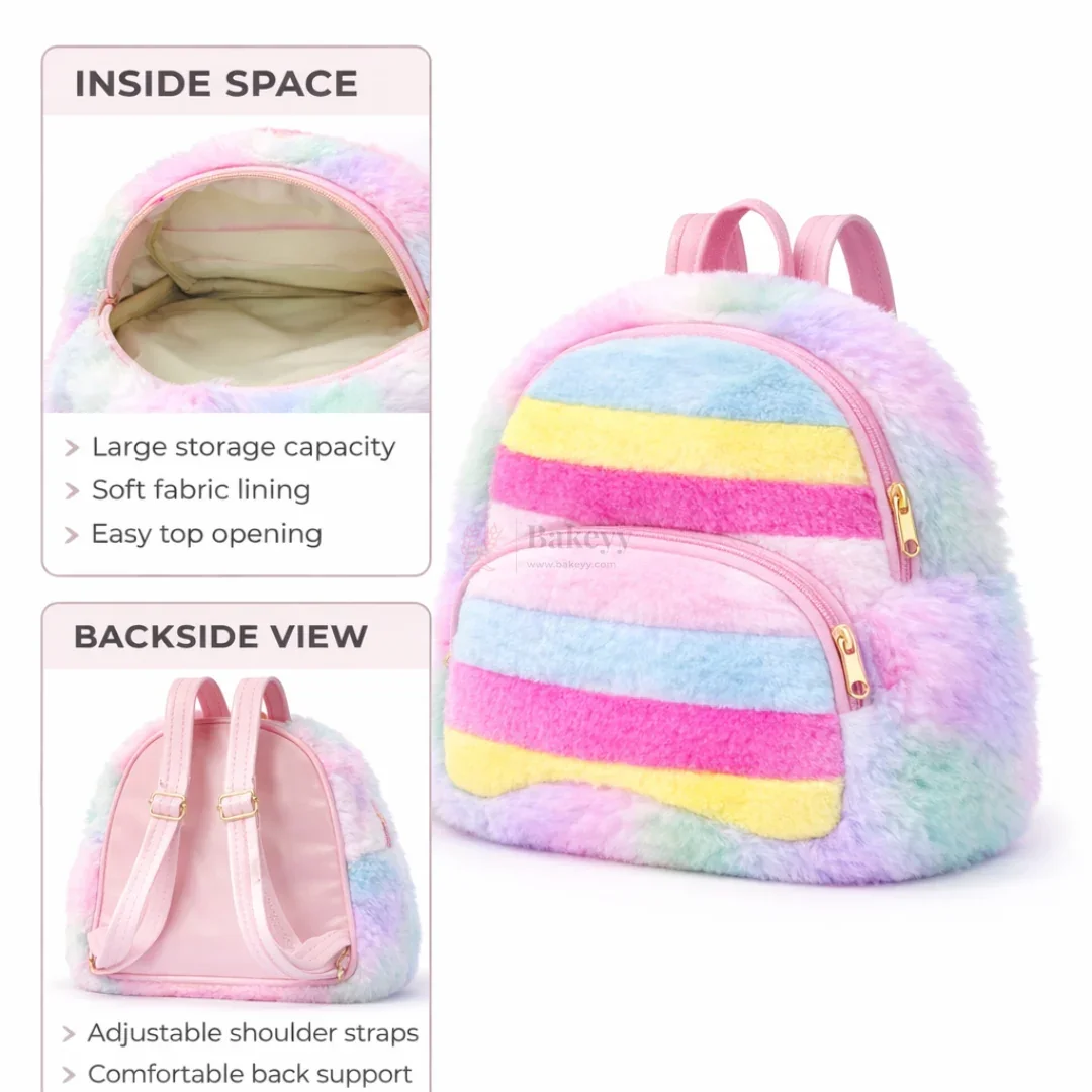 Fluffy Rainbow Kids Backpack Cute Plush Faux Fur Mini School Bag for Kids | pack of 1 - Image 3