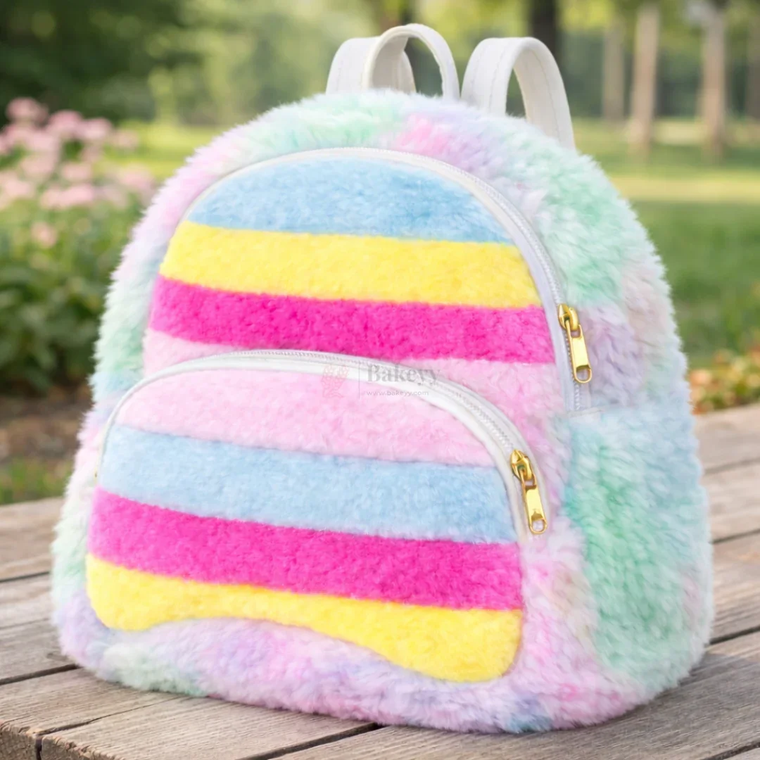 Fluffy Rainbow Kids Backpack Cute Plush Faux Fur Mini School Bag for Kids | pack of 1 - Image 4