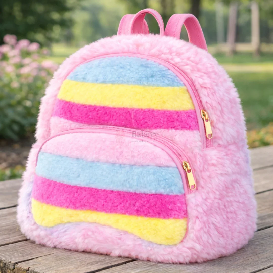 Fluffy Rainbow Kids Backpack Cute Plush Faux Fur Mini School Bag for Kids | pack of 1 - Image 5