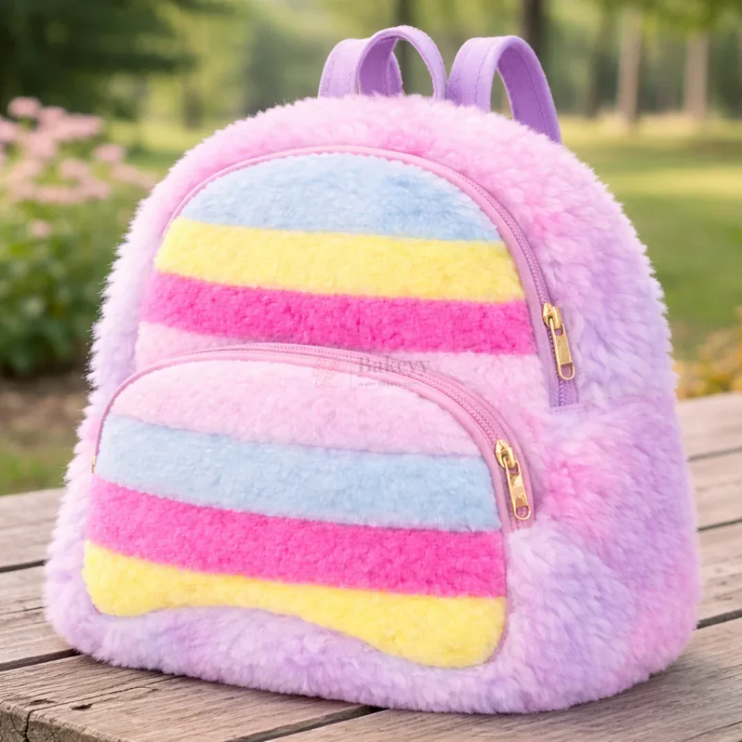 Fluffy Rainbow Kids Backpack Cute Plush Faux Fur Mini School Bag for Kids | pack of 1 - Image 6