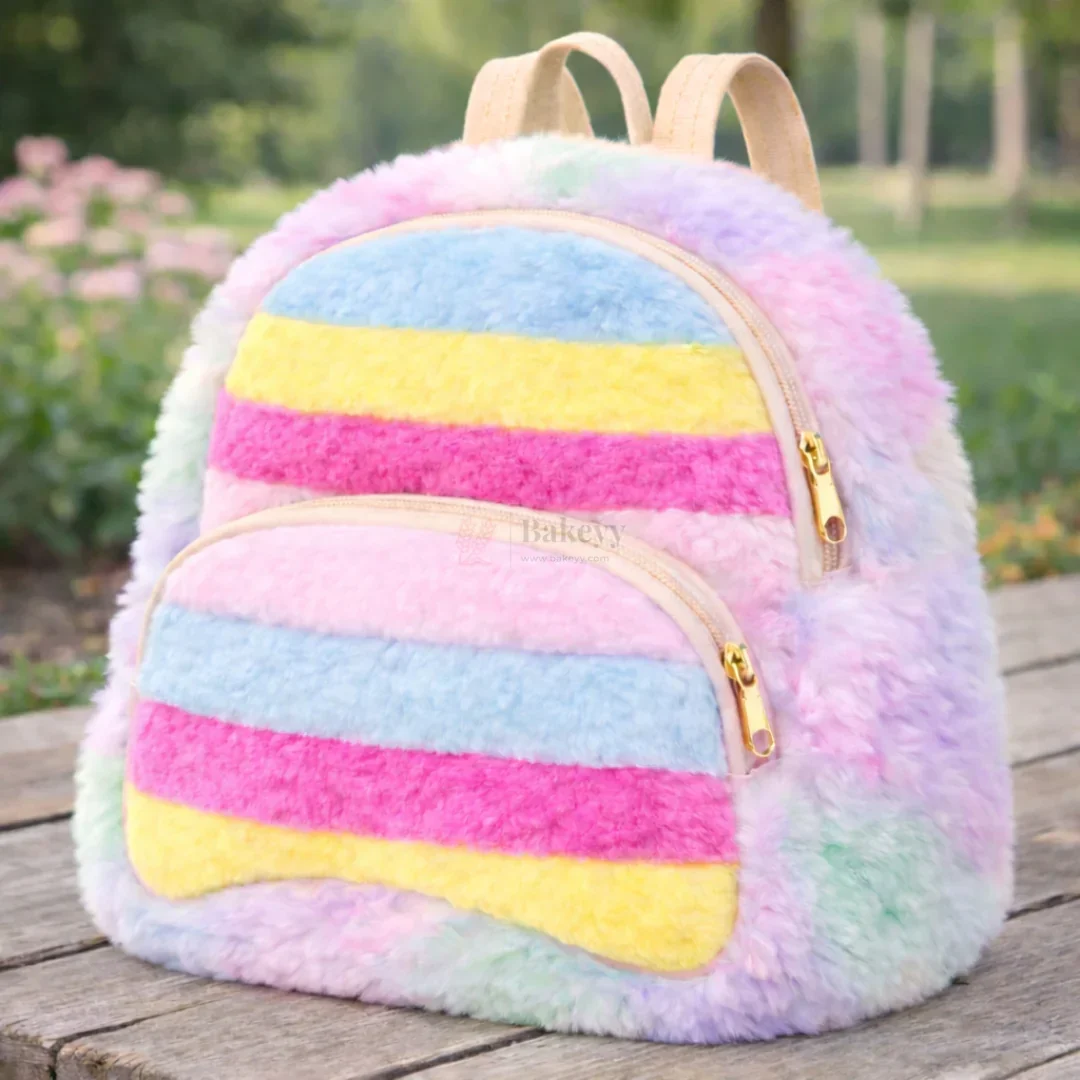 Fluffy Rainbow Kids Backpack Cute Plush Faux Fur Mini School Bag for Kids | pack of 1 - Image 7