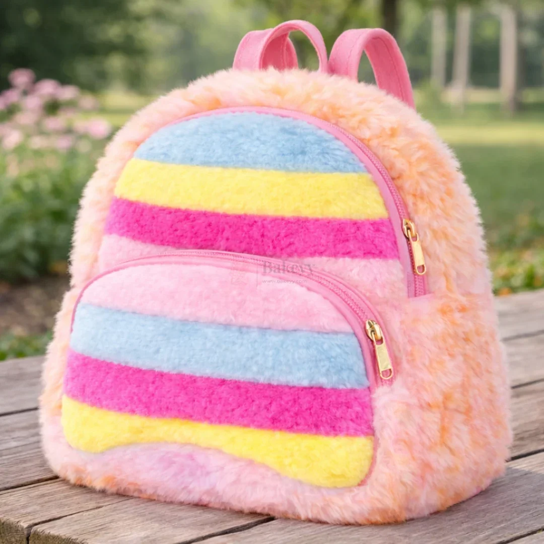 Fluffy Rainbow Kids Backpack Cute Plush Faux Fur Mini School Bag for Kids | pack of 1 - Image 8