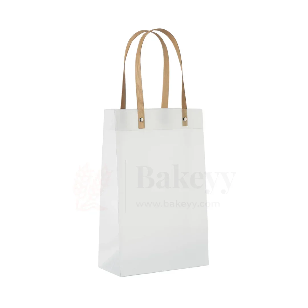 Frosted Matte Gift Bag with Wood-Textured Handles | Translucent PVC Party Favor & Retail Packaging | Pack Of 12 - Image 3