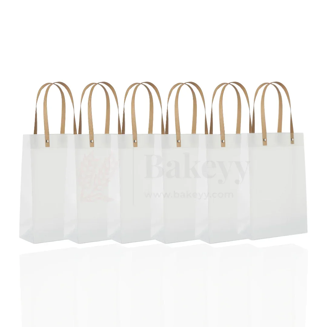Frosted Matte Gift Bag with Wood-Textured Handles | Translucent PVC Party Favor & Retail Packaging | Pack Of 12 - Image 4