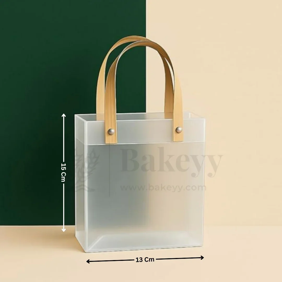 Frosted Matte Gift Bag with Wood-Textured Handles | Translucent PVC Party Favor & Retail Packaging | Pack Of 12 - Image 5