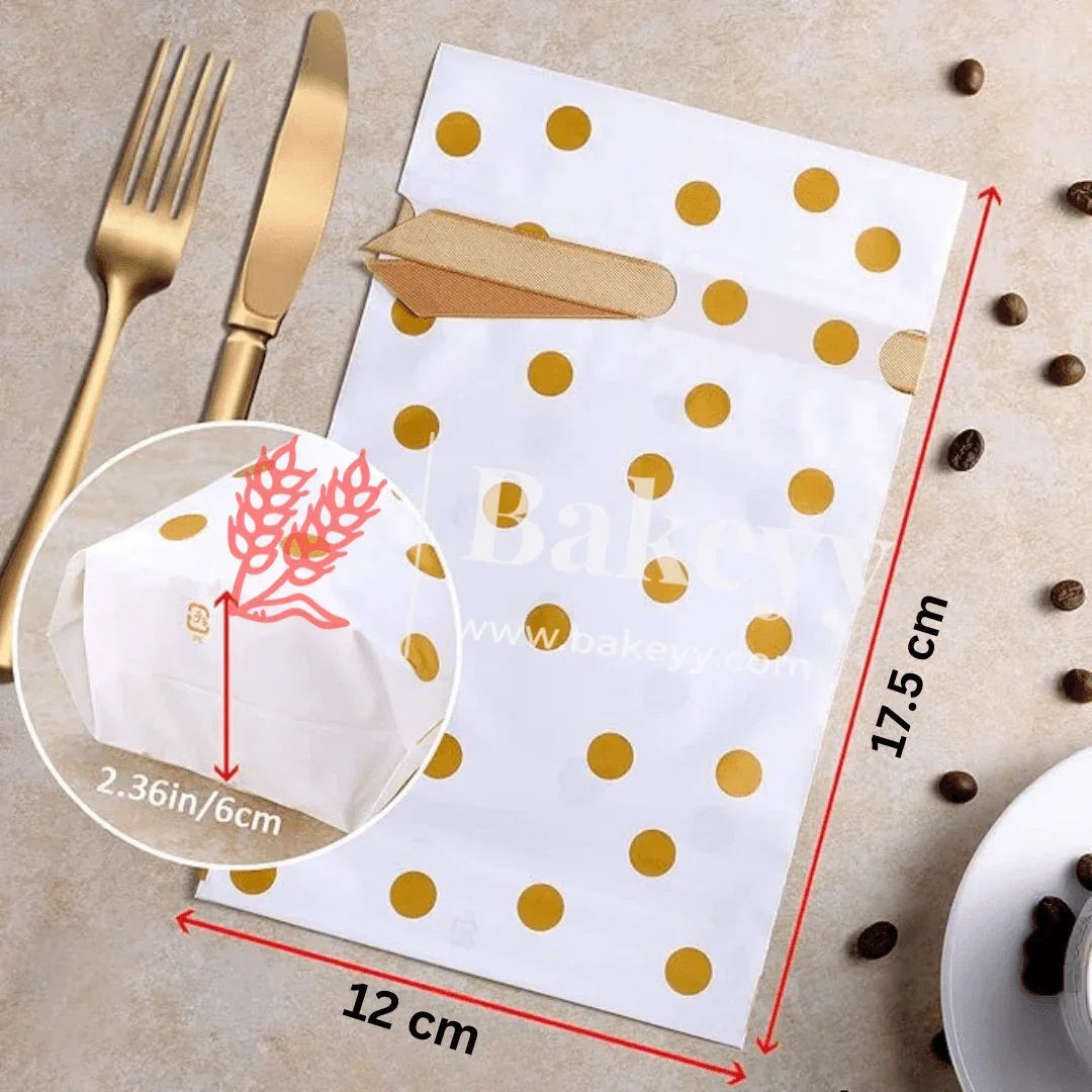 17.5x12Cm| Gold Big Dots Plastic Stand Up Treat Favor Bags Gift Wrapper Bags for Candy Cookie Chocolate | Pack of 50 - Image 2