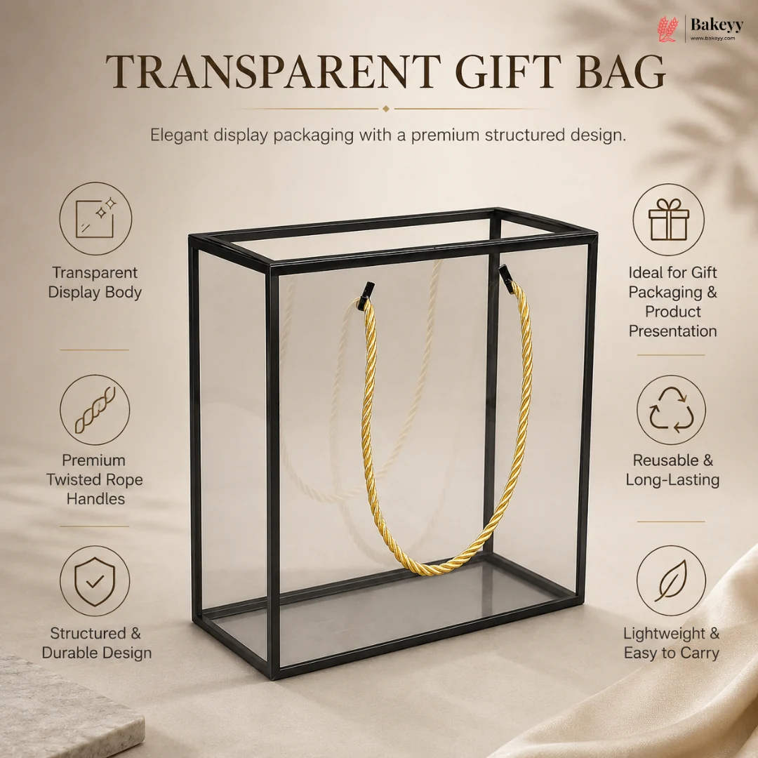 Black PVC Transparent Gift Bag with Black Rope Handle | Clear Premium Hamper Packaging Box | Pack of 10 - Image 3
