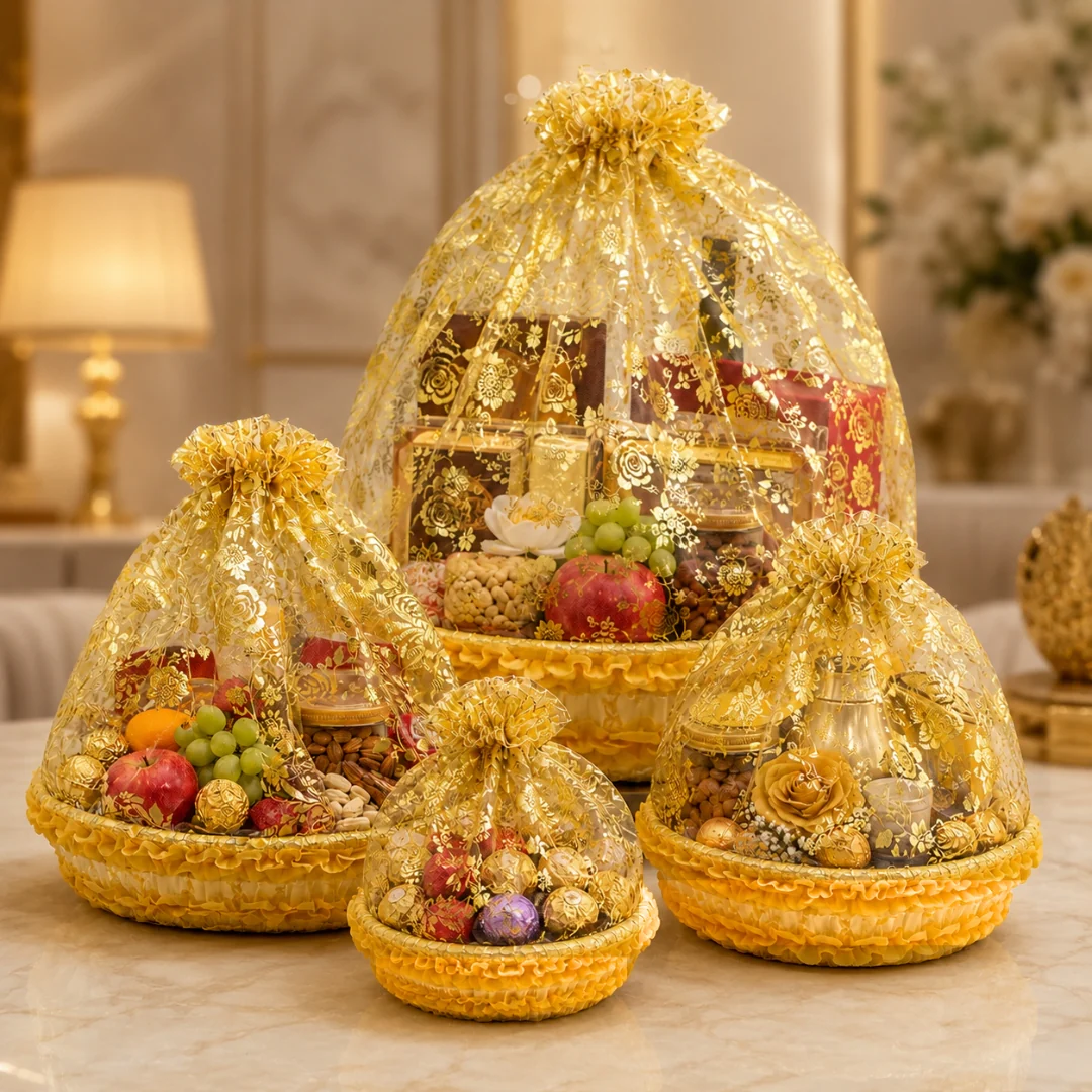 Gold Round Decorative Net Basket with Drawstring Cover | Hamper Basket for Gift Packaging | Pack of 1