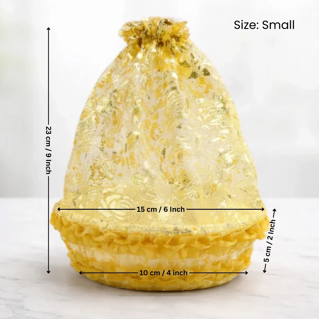 Gold Round Decorative Net Basket with Drawstring Cover | Hamper Basket for Gift Packaging | Pack of 1 - Image 2