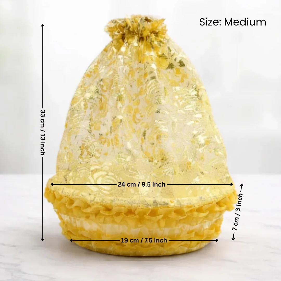 Gold Round Decorative Net Basket with Drawstring Cover | Hamper Basket for Gift Packaging | Pack of 1 - Image 3