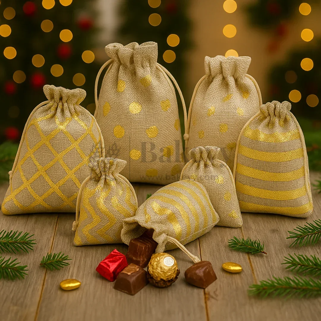 Golden Foil Printed Jute Bags | Available in 3 Sizes | Assorted Print Designs | Pack of 10 - Image 3
