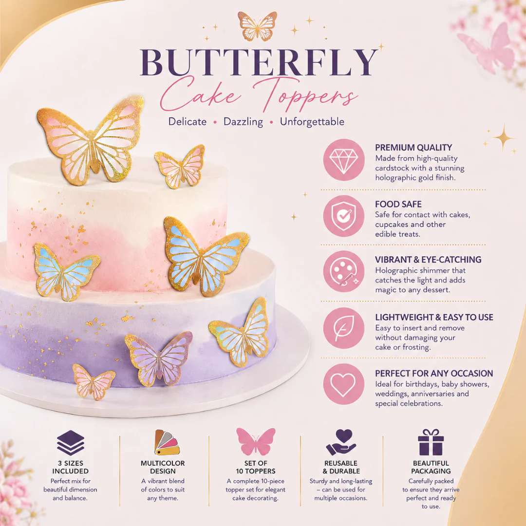 Golden Glitter Paper Butterfly Topper | Available in 3 Sizes | 10 Pcs | Pack of 1 - Image 11