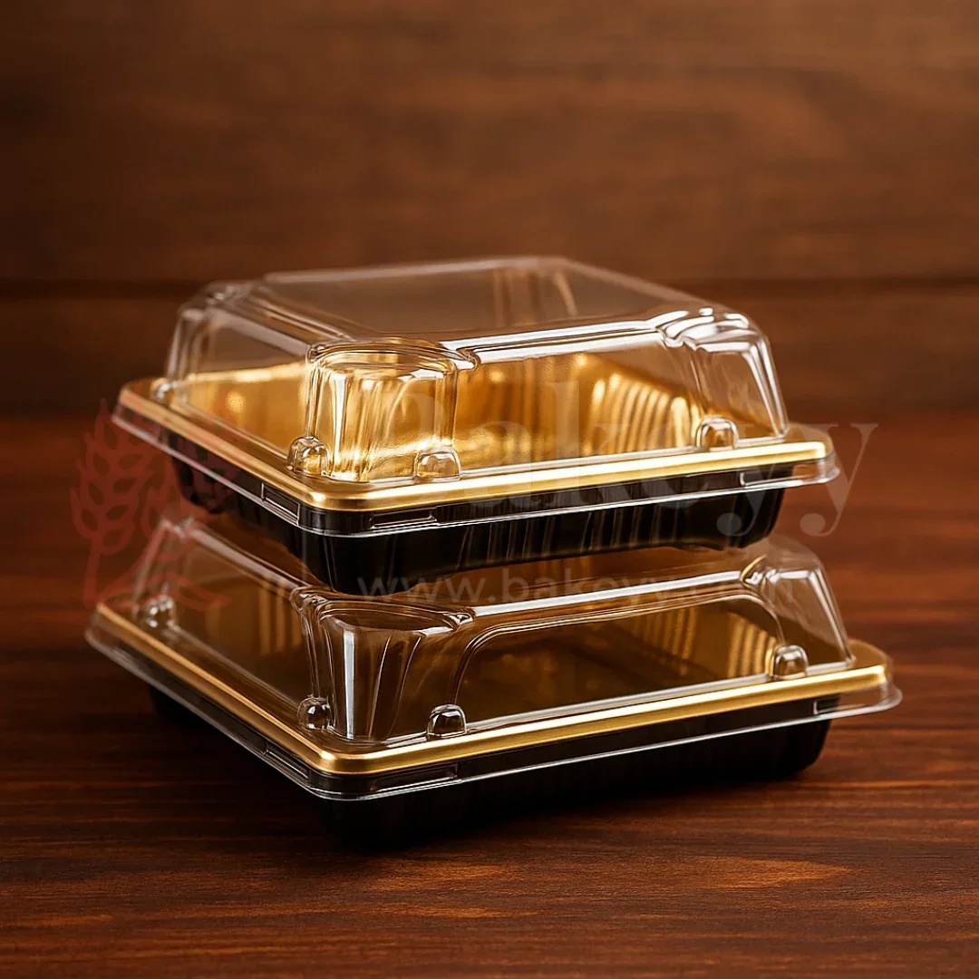 Golden Square PET Dessert Container with Gold and Black Base | Pack of 50 - Image 3