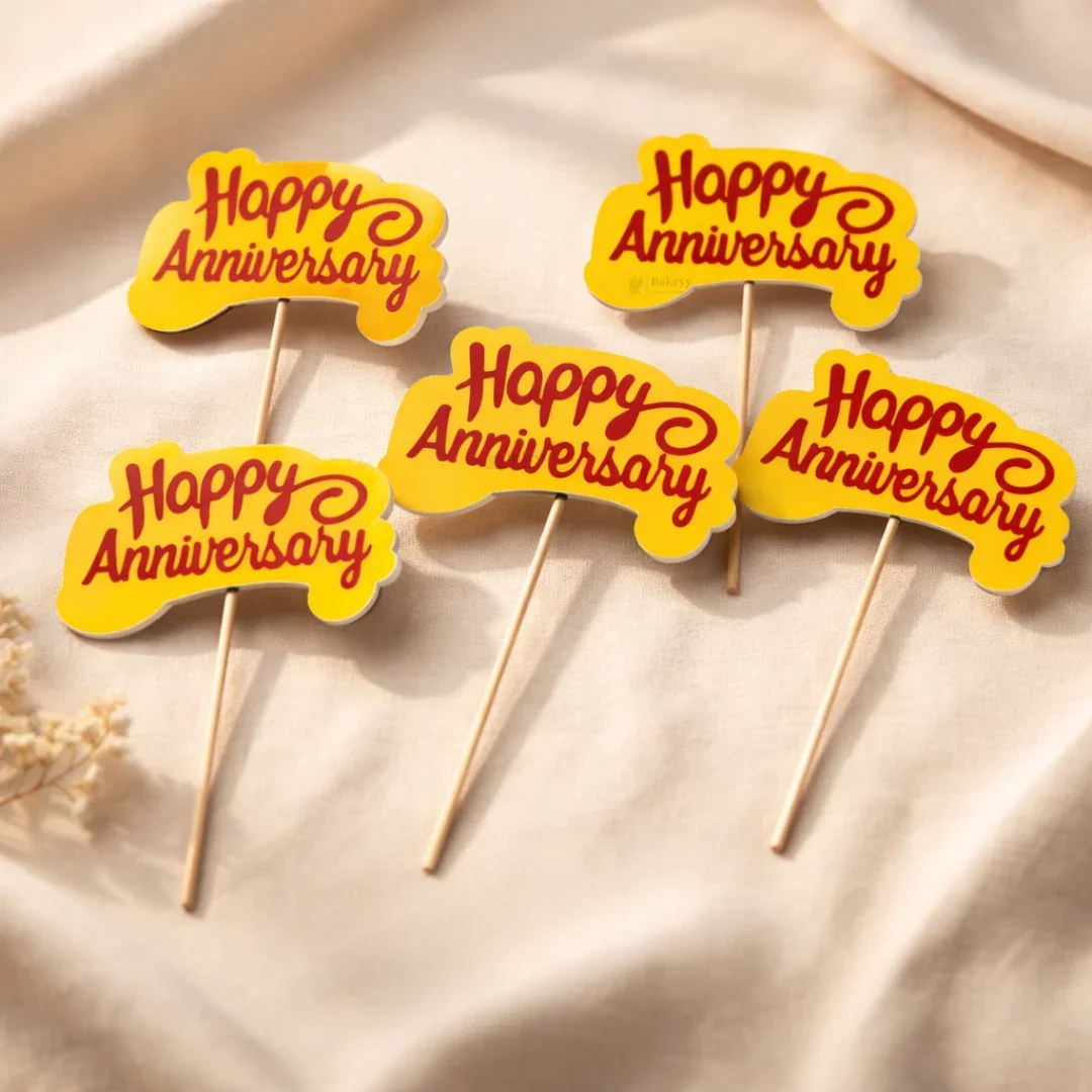 Happy Anniversary Cake Topper | Layered Design with Wooden Stick | Pack of 50 - Image 3