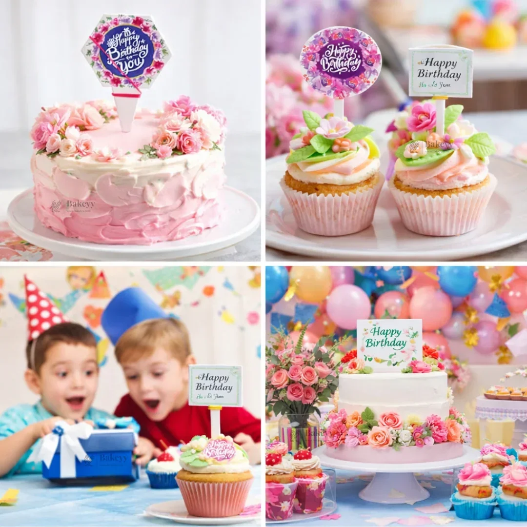 Happy Birthday Floral Assorted Cake Topper Set | Mixed Shapes & Random Prints for Cakes, Cupcakes & Desserts | Pack of 100 - Image 4