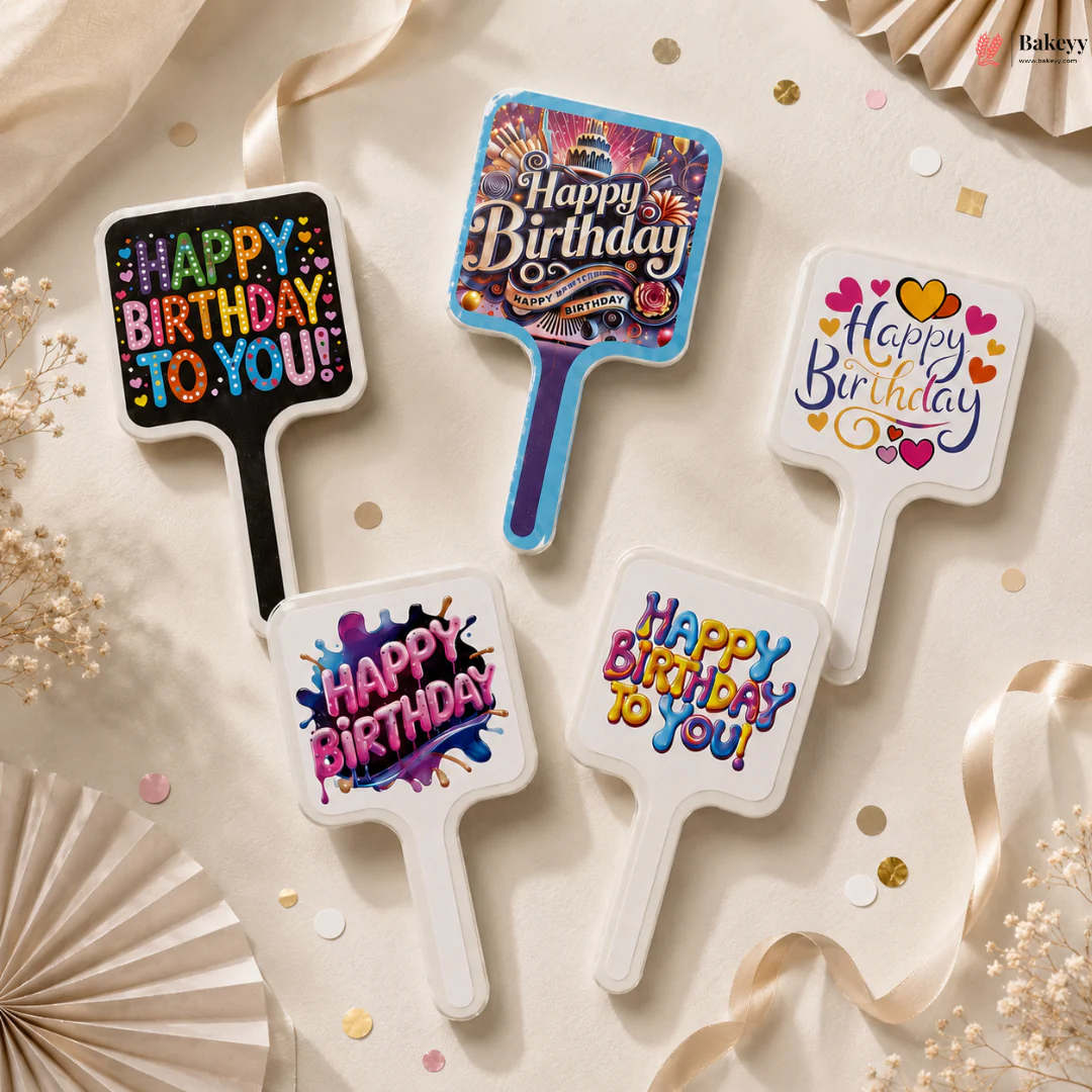 PopArt Happy Birthday Paper Cake Topper | Colorful Birthday Theme Decoration | 5 Designs | Pack of 100 - Image 3