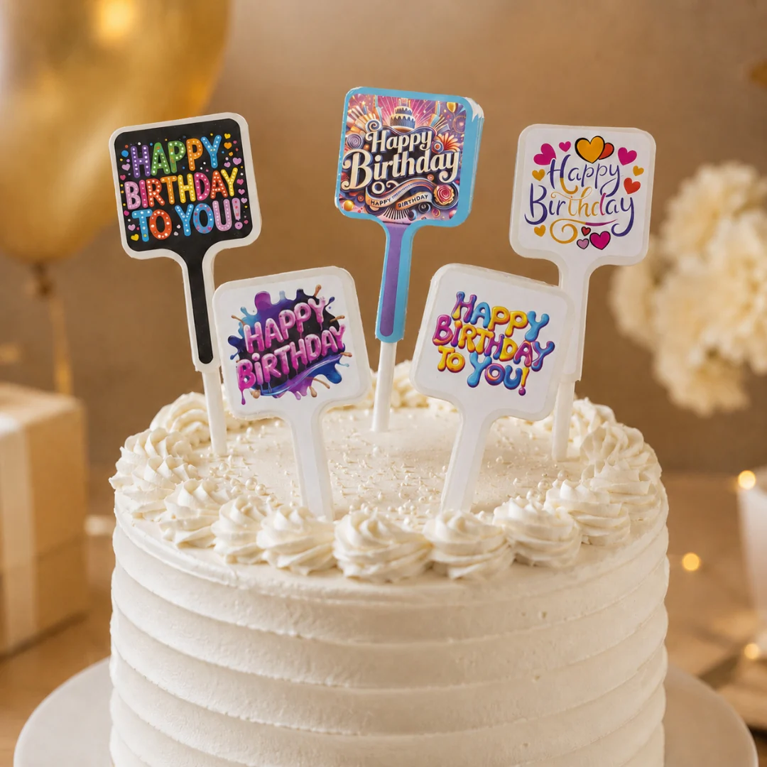 PopArt Happy Birthday Paper Cake Topper | Colorful Birthday Theme Decoration | 5 Designs | Pack of 100 - Image 4