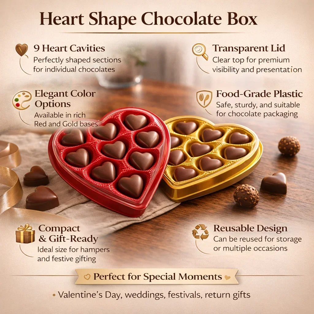 Heart Shape Chocolate Box with 9 Cavities | Transparent Lid Gift Box | Red & Gold Base | Pack of 10 - Image 5