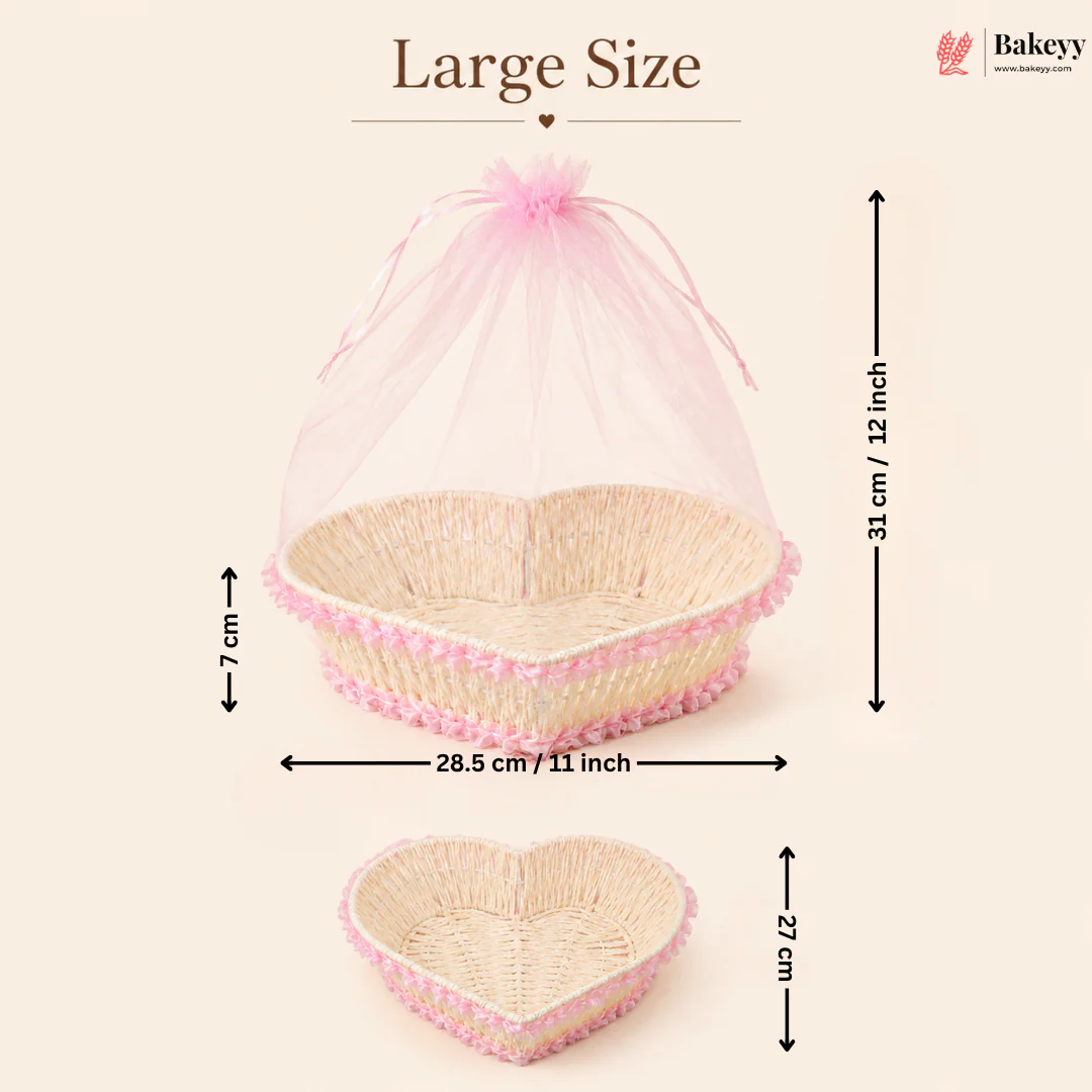 Heart-Shaped Woven Gift Basket with Organza Pink Net Cover | Decorative Gift Packing Basket | Pack of 1 - Image 3