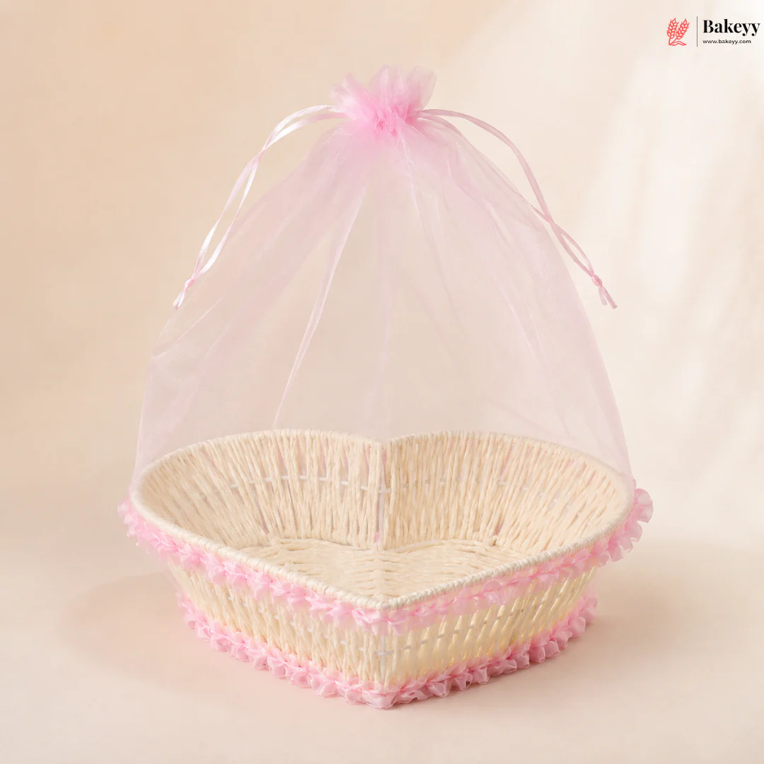 Heart-Shaped Woven Gift Basket with Organza Pink Net Cover | Decorative Gift Packing Basket | Pack of 1 - Image 4