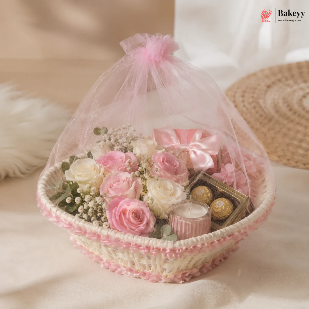 Heart-Shaped Woven Gift Basket with Organza Pink Net Cover | Decorative Gift Packing Basket | Pack of 1 - Image 5