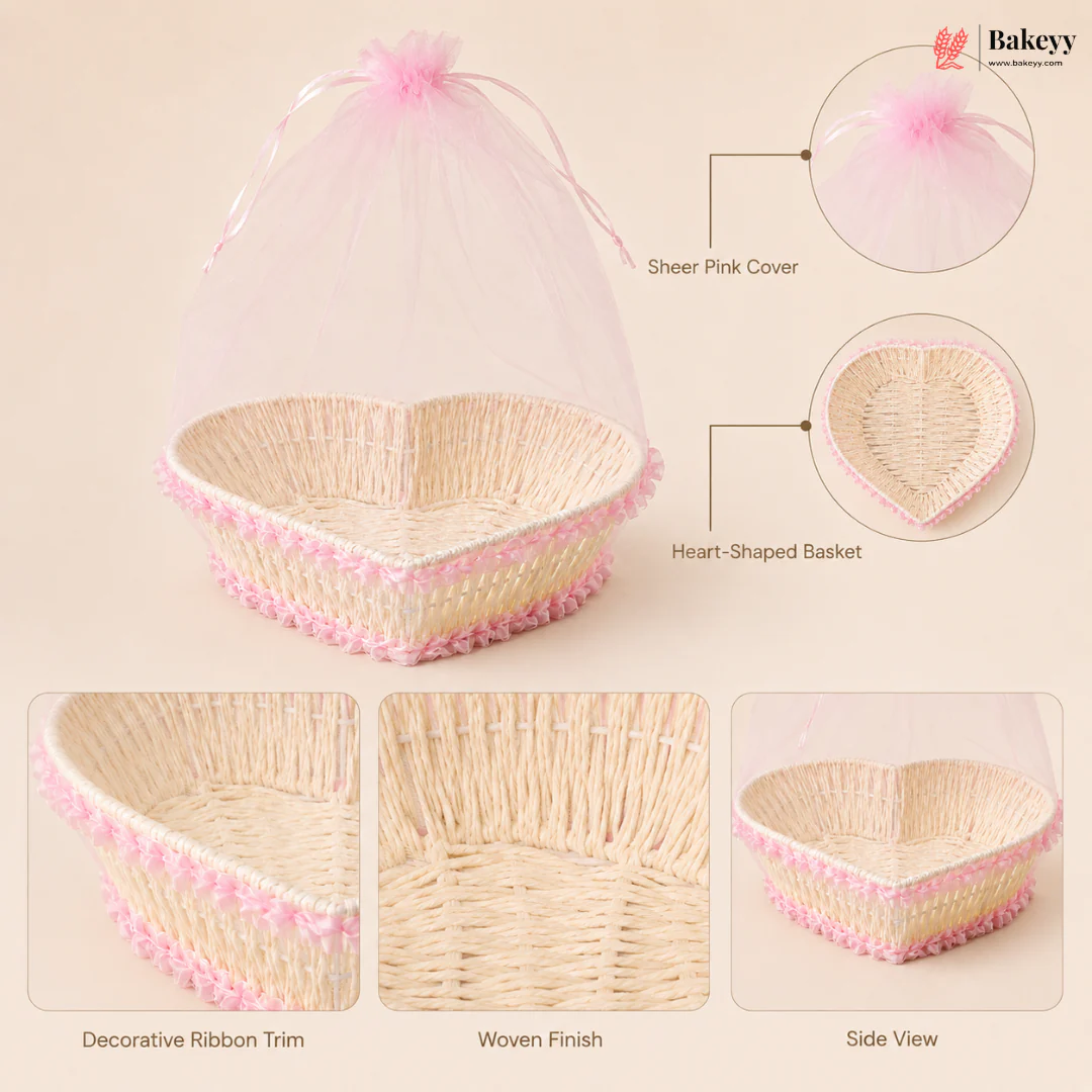 Heart-Shaped Woven Gift Basket with Organza Pink Net Cover | Decorative Gift Packing Basket | Pack of 1 - Image 6