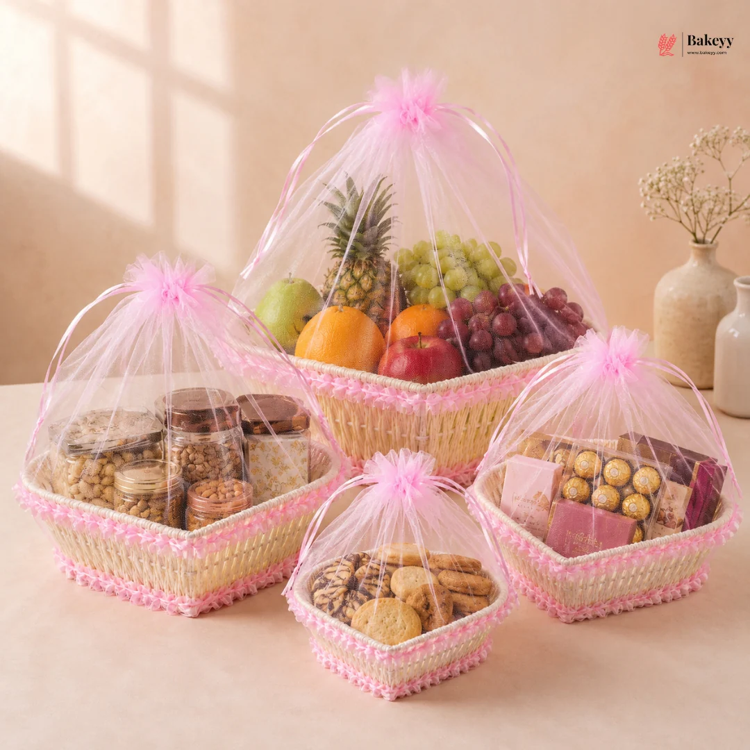 Heart-Shaped Woven Gift Basket with Organza Pink Net Cover | Decorative Gift Packing Basket | Pack of 1 - Image 7