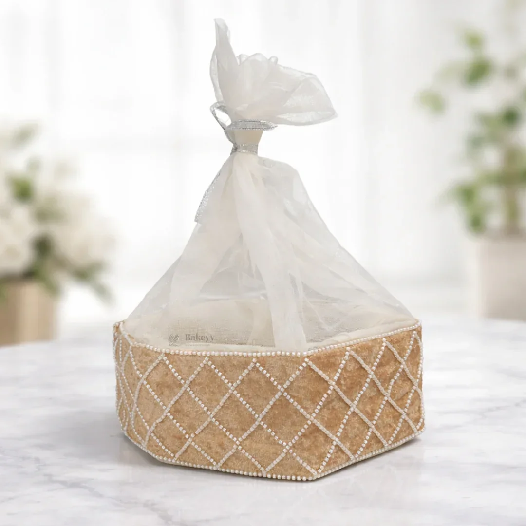Hexagon Velvet Gift Box with Net | Diamond Pearl Embellished Base | Elegant Premium Hamper Box | Pack of 1