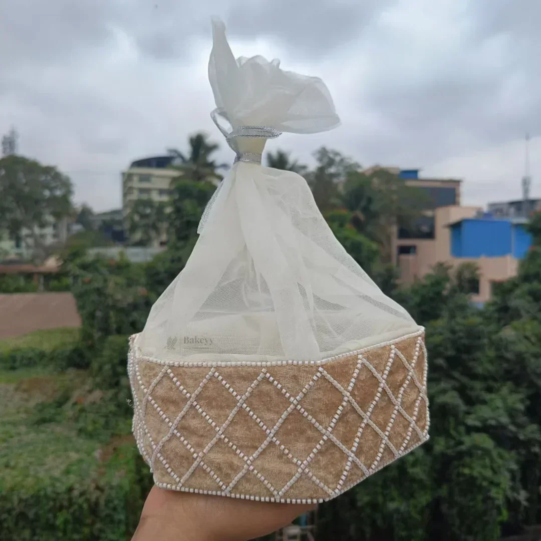 Hexagon Velvet Gift Box with Net | Diamond Pearl Embellished Base | Elegant Premium Hamper Box | Pack of 1 - Image 2