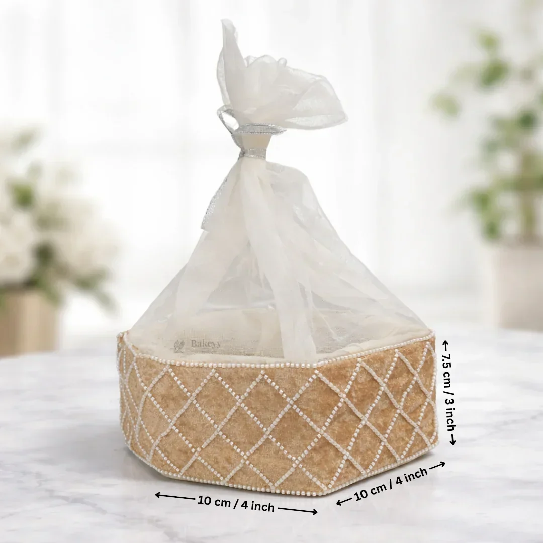 Hexagon Velvet Gift Box with Net | Diamond Pearl Embellished Base | Elegant Premium Hamper Box | Pack of 1 - Image 3