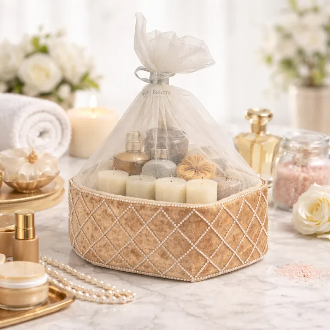 Hexagon Velvet Gift Box with Net | Diamond Pearl Embellished Base | Elegant Premium Hamper Box | Pack of 1 - Image 4