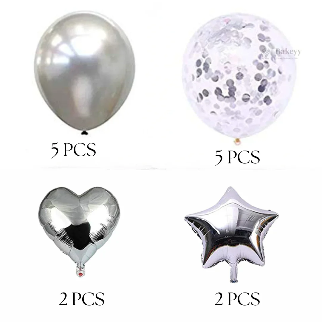 Silver Heart & Star Balloon Set | Party Decoration Combo | 14 Pcs per Pack | Pack of 1 - Image 2