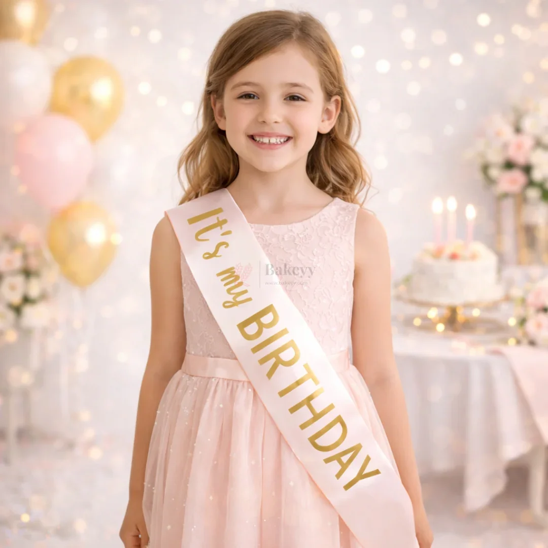 It’s My Birthday Satin Party Sash for Girls Pink with Gold Lettering | Pack of 1 - Image 3