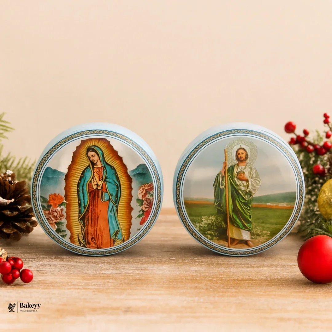 Printed Candle Tin Boxes | Jesus & Mother Mary Round Tin Container | Pack of 12 - Image 3