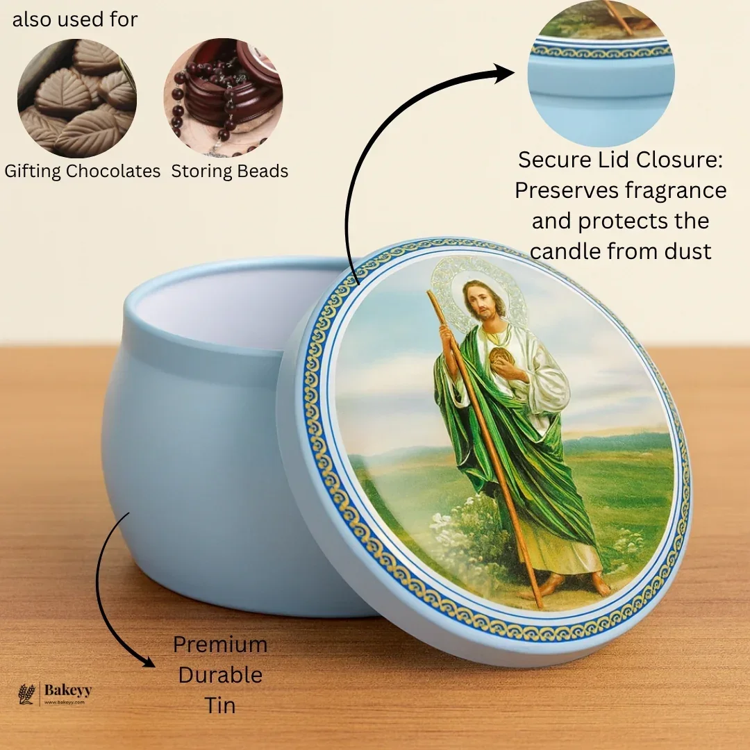 Printed Candle Tin Boxes | Jesus & Mother Mary Round Tin Container | Pack of 12 - Image 4