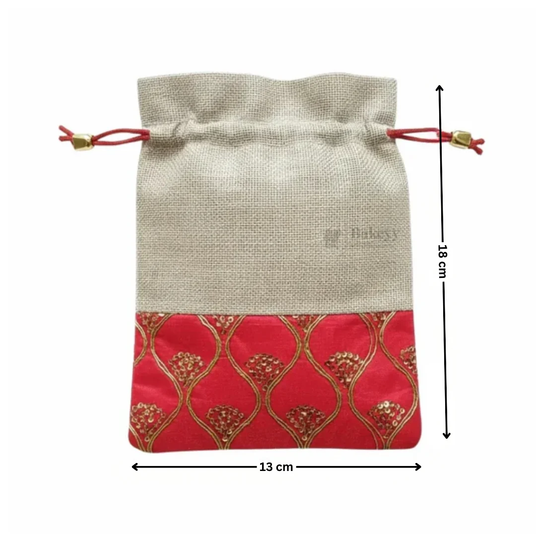 Jute & Red Embroidered Potli Bag with Drawstring | Festive Gift Pouch for Wedding & Return Gifts | Pack of 10 - Image 3