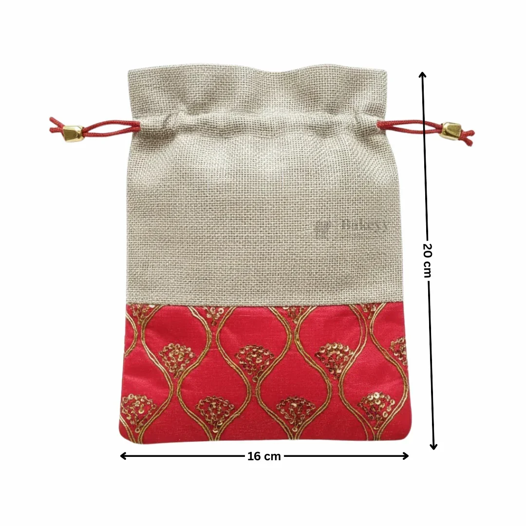 Jute & Red Embroidered Potli Bag with Drawstring | Festive Gift Pouch for Wedding & Return Gifts | Pack of 10 - Image 4