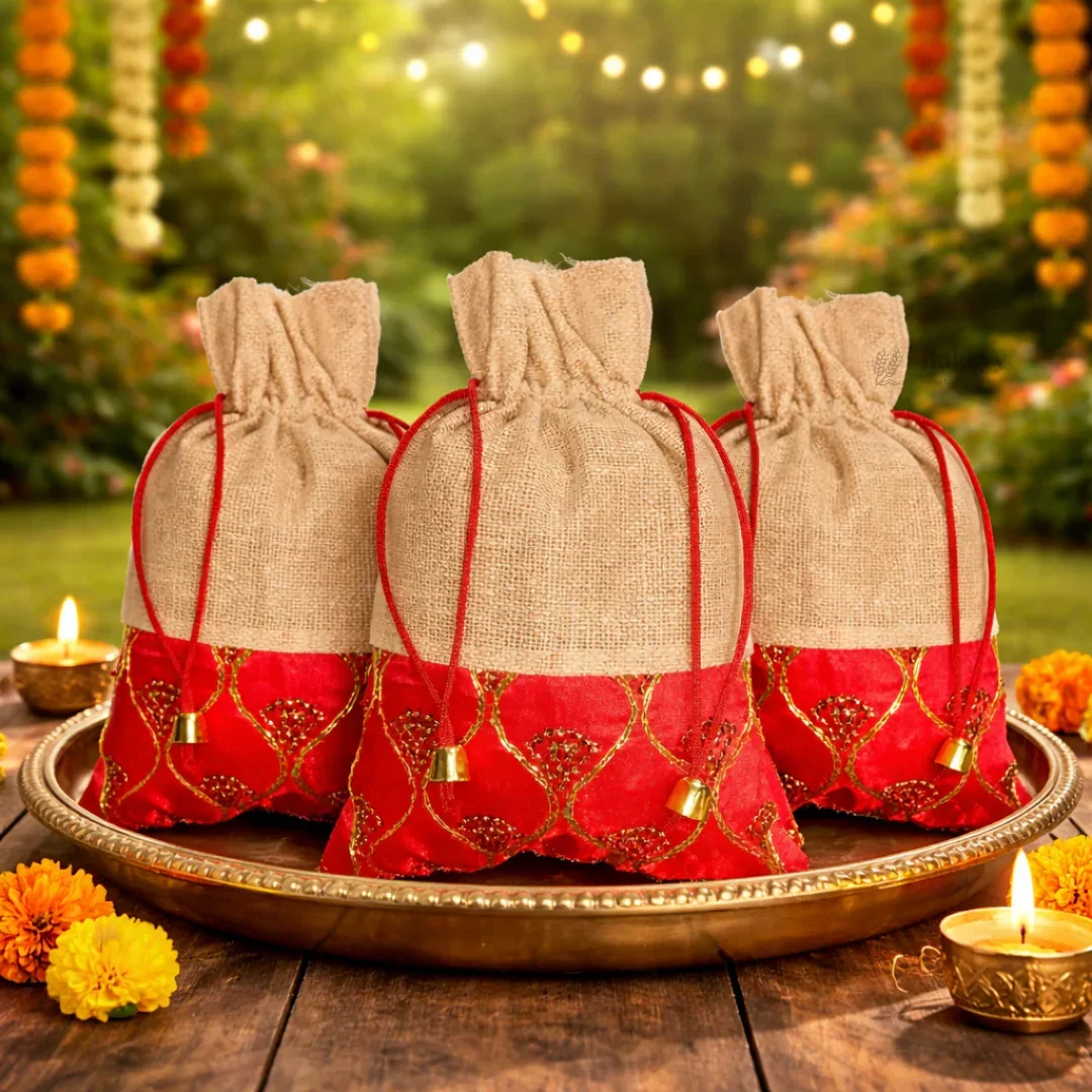 Jute & Red Embroidered Potli Bag with Drawstring | Festive Gift Pouch for Wedding & Return Gifts | Pack of 10 - Image 5