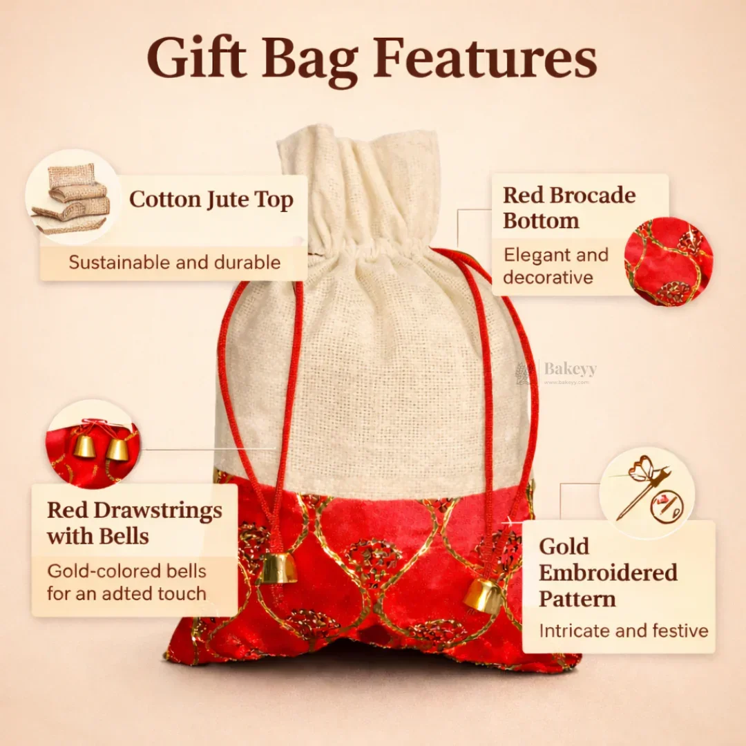 Jute & Red Embroidered Potli Bag with Drawstring | Festive Gift Pouch for Wedding & Return Gifts | Pack of 10 - Image 6
